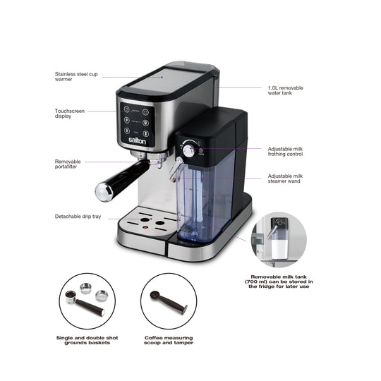 Salton Barista+ 3-in-1 Espresso, Cappuccino & Latte Machine with Milk Removable Container